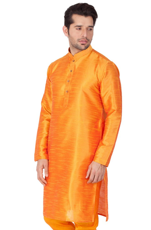 Men's Cotton Art Silk Knee Length Solid Kurta In Orange