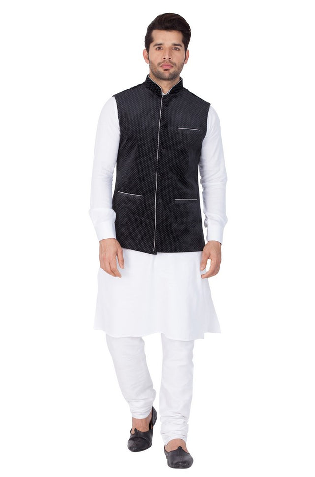 Men's Cotton Solid Kurta Modi Jacket And Pajama Set In White