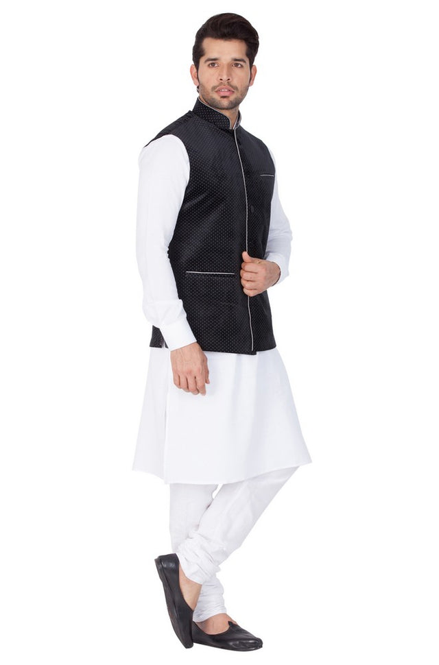 Men's Cotton Solid Kurta Modi Jacket And Pajama Set In White
