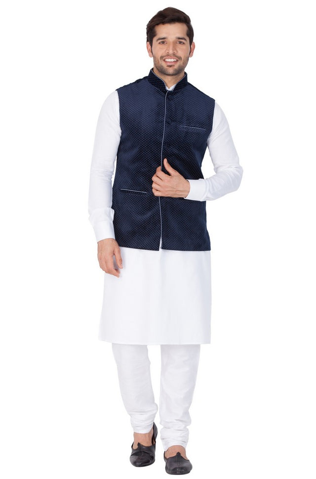Men's Cotton Solid Kurta Modi Jacket And Pajama Set In White