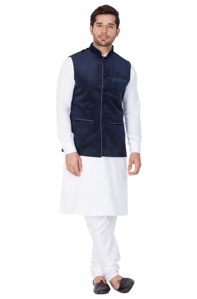 Men's Cotton Solid Kurta Modi Jacket And Pajama Set In White