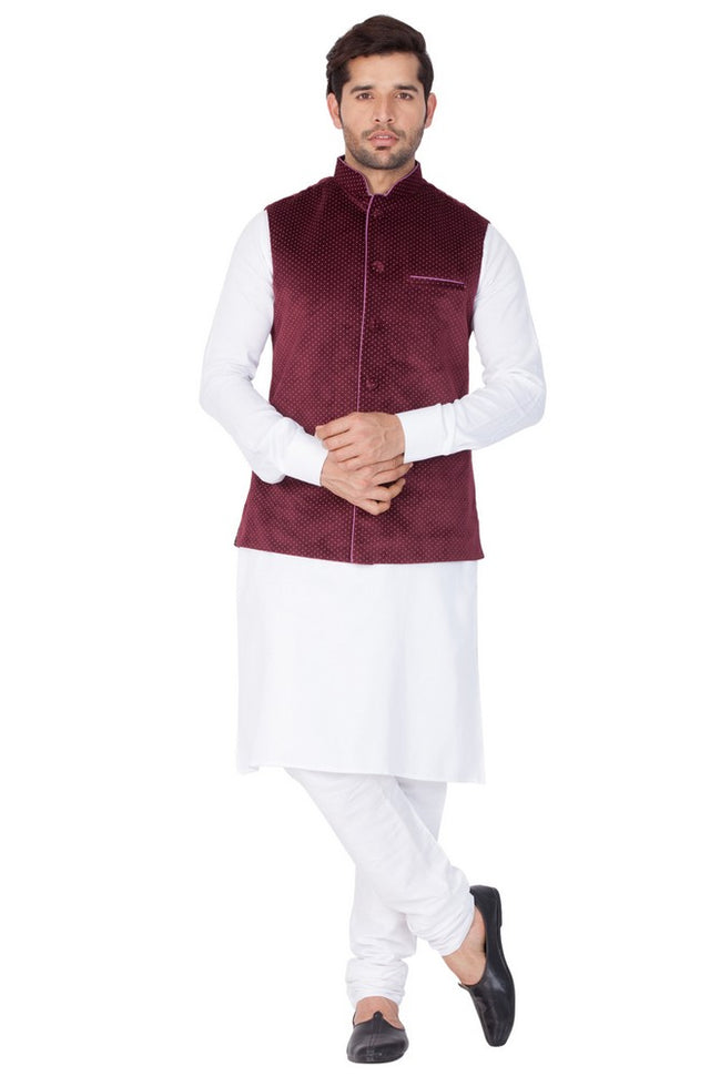 Men's Cotton Solid Kurta Modi Jacket And Pajama Set In White