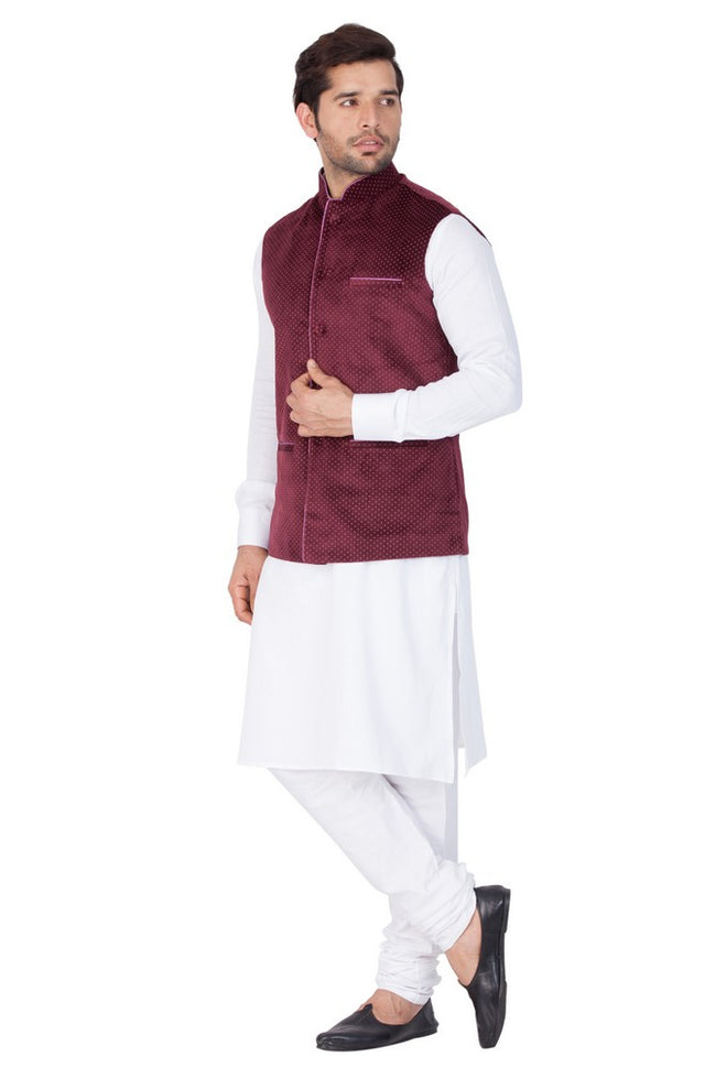 Men's Cotton Solid Kurta Modi Jacket And Pajama Set In White