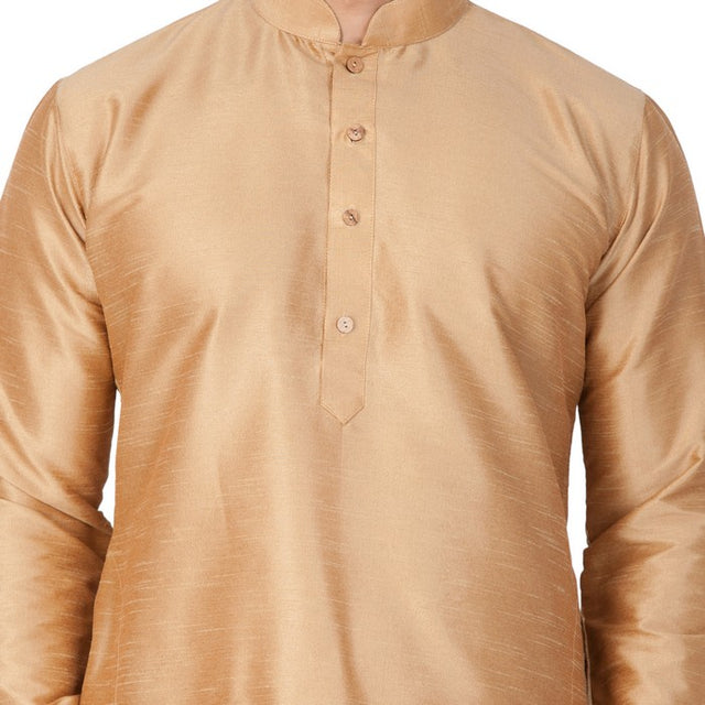 Men's Cotton Art Silk Solid Kurta And Pajama Set In Gold