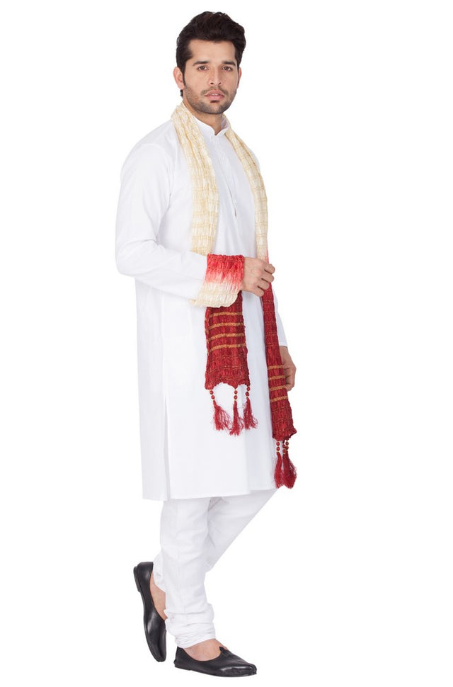 Men's Cotton Solid Kurta Pajama And Dupatta Set In White