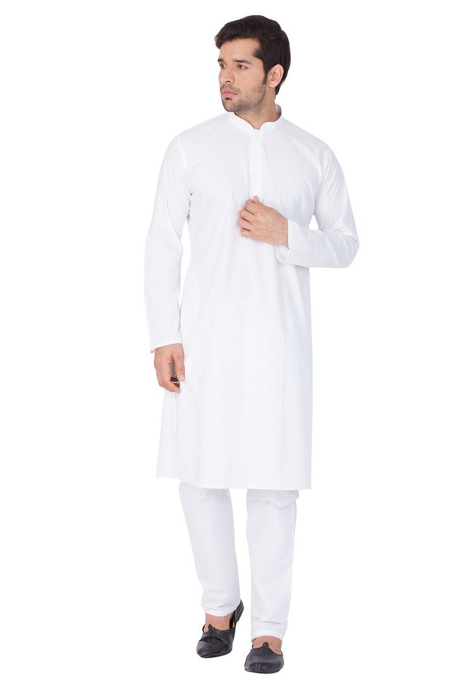 Men's Cotton Solid Kurta And Pajama Set In White