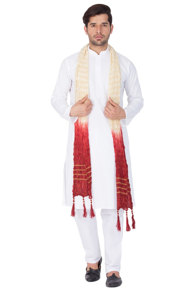 Men's Cotton Solid Kurta Pajama And Dupatta Set In White