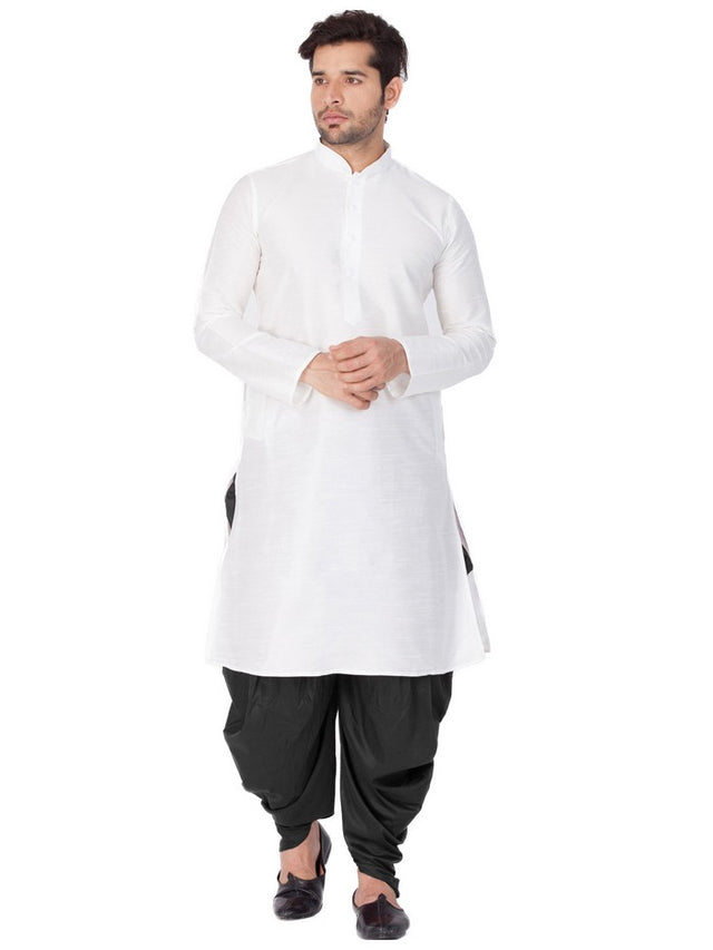 Men's Cotton Art Silk Solid Kurta And Cowl Dhoti Pant Set In White