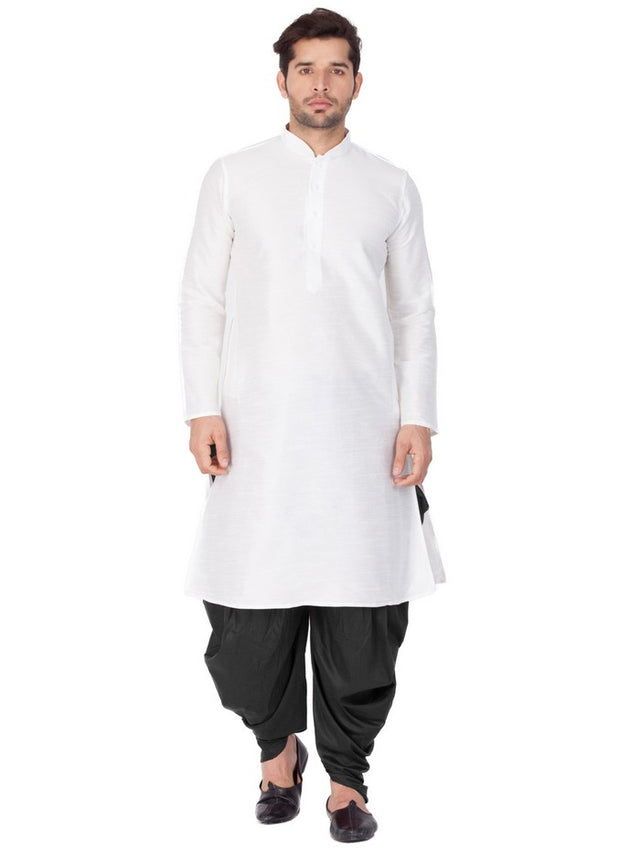 Men's Cotton Art Silk Solid Kurta And Cowl Dhoti Pant Set In White
