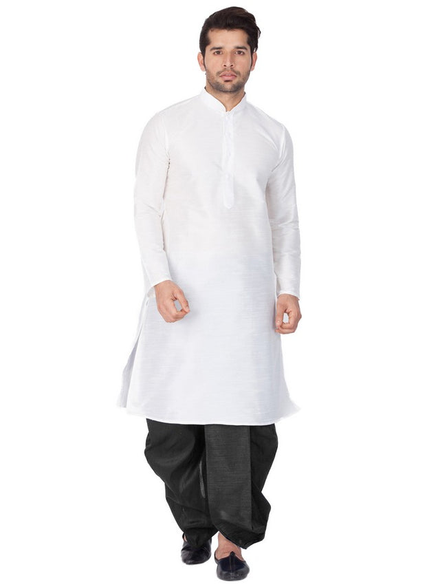 Men's Cotton Art Silk Solid Kurta And Dhoti Pant Set In White