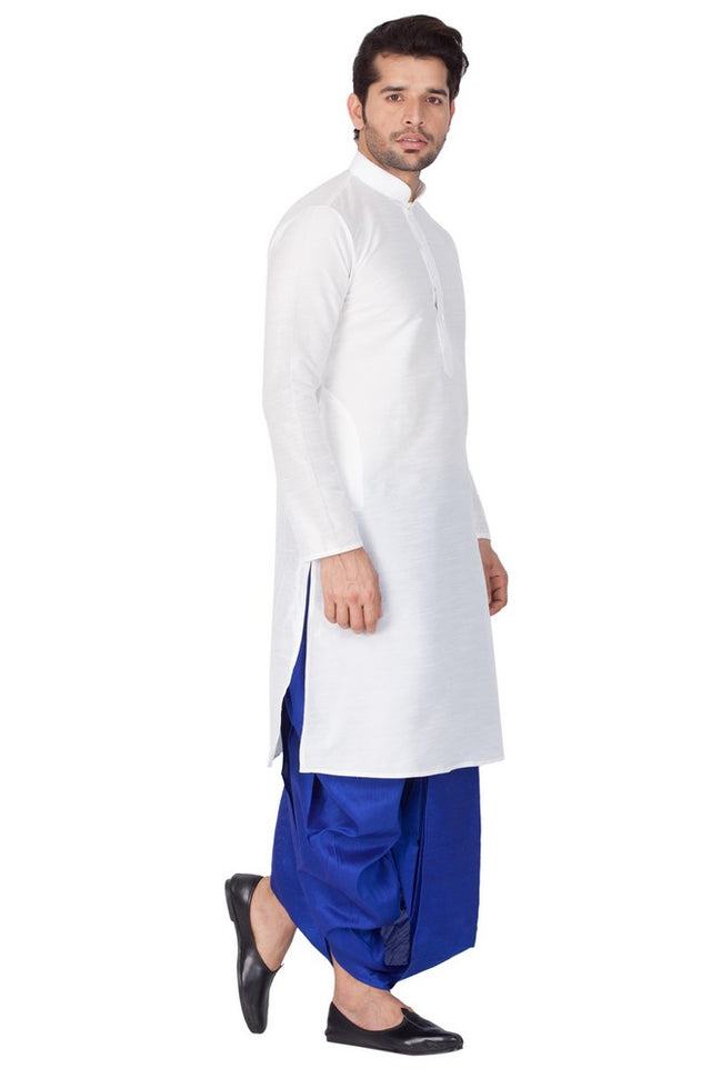 Men's Cotton Art Silk Solid Kurta And Dhoti Pant Set In White