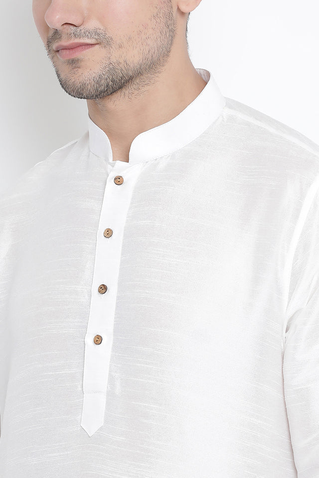 Men's Cotton Art Silk Kurta Set In White