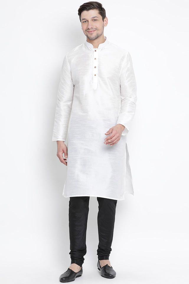 Men's Cotton Art Silk Kurta Set In White