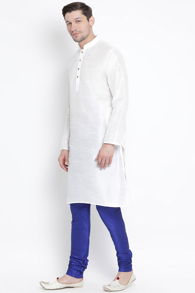 Men's Cotton Art Silk Kurta Set In White