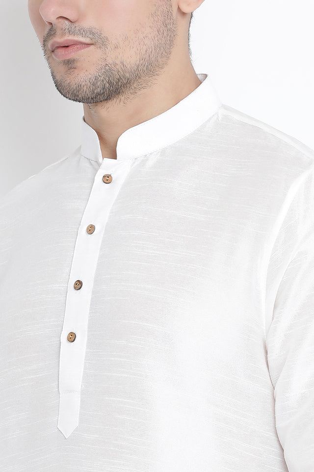 Men's Cotton Art Silk Kurta Set In White