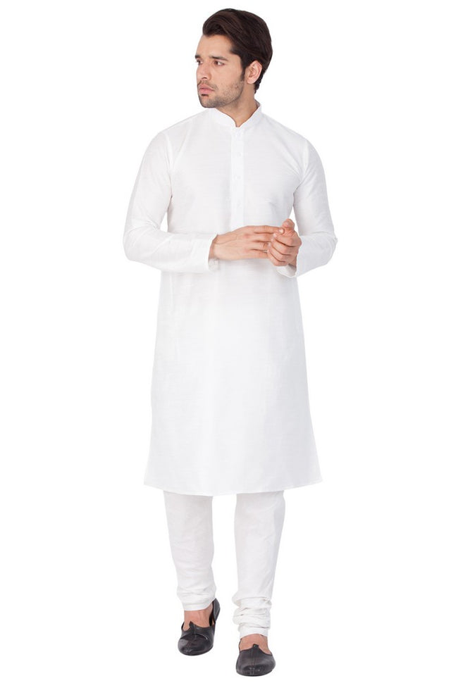 Men's Cotton Art Silk Solid Kurta And Pajama Set In White