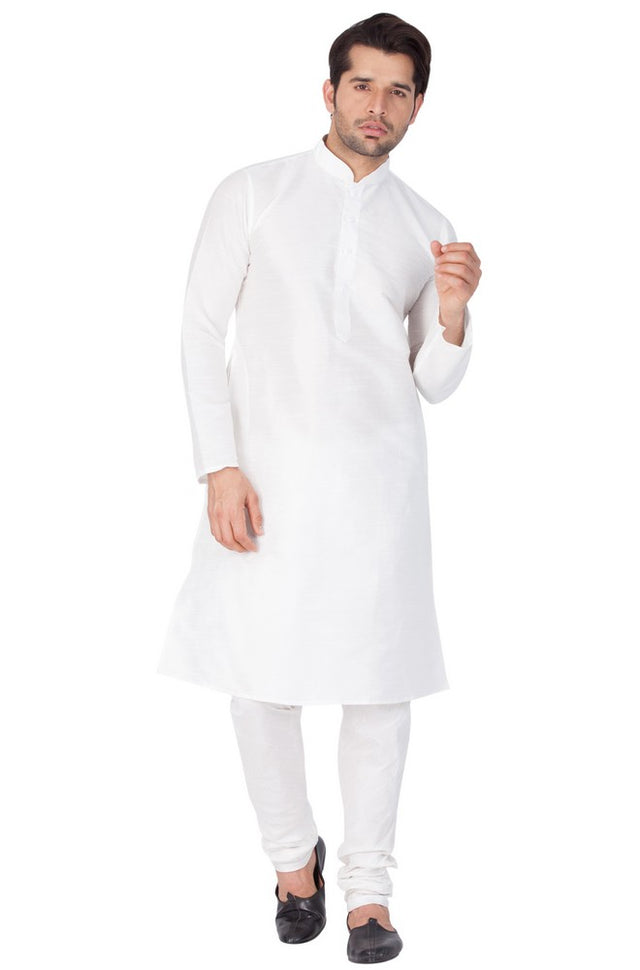 Men's Cotton Art Silk Solid Kurta And Pajama Set In White