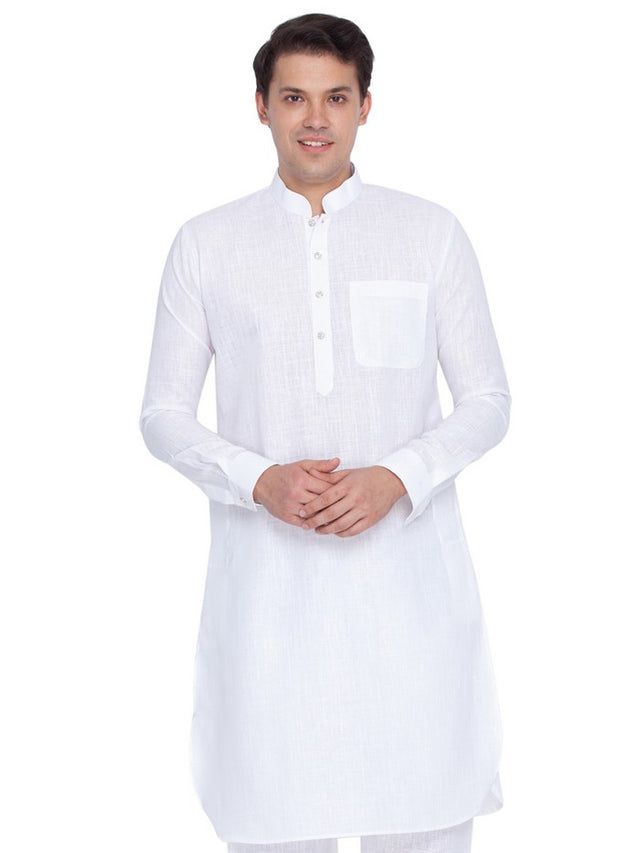 Men's Linen Solid Pathani Style Kurta In White
