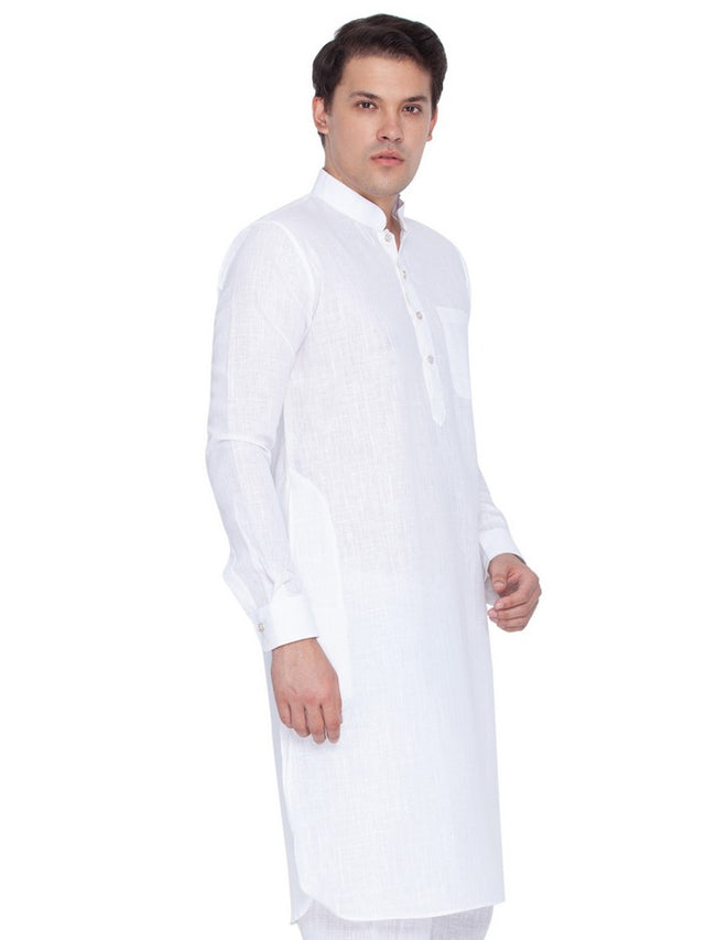 Men's Linen Solid Pathani Style Kurta In White