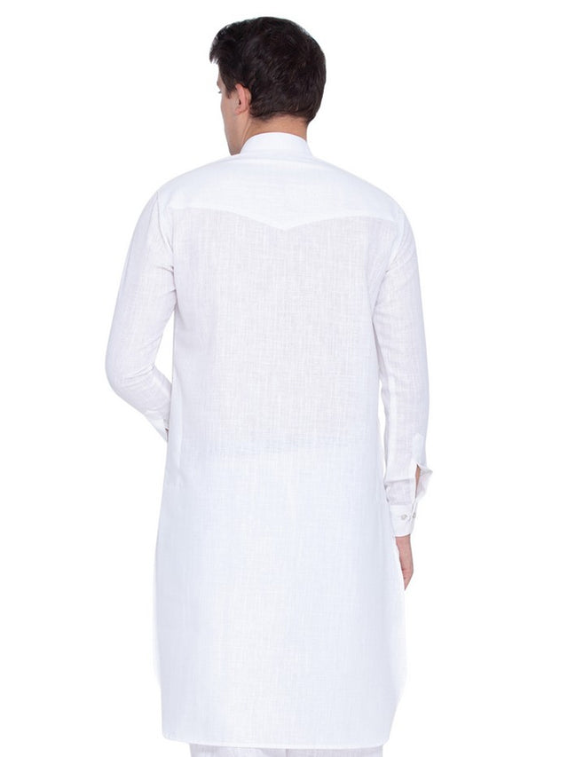 Men's Linen Solid Pathani Style Kurta In White