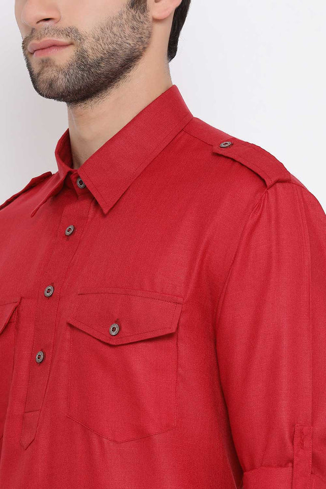 Buy Men's Solid Pathani Kurta Set in Red