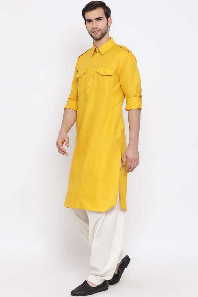 Buy Men's Pathani Kurta Set in Mustard