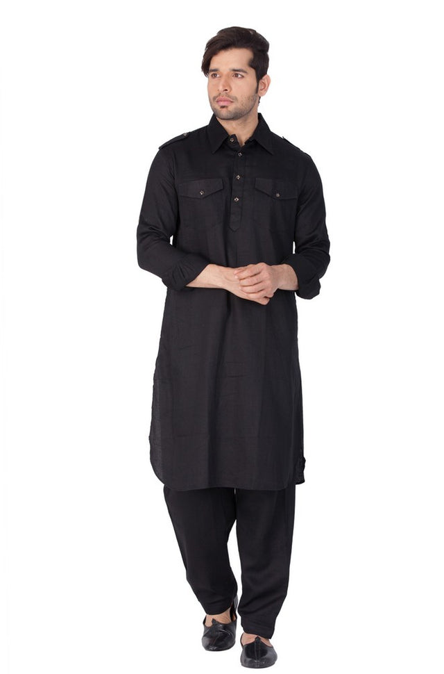 Men's Cotton Solid Pathani Suit Set in Black
