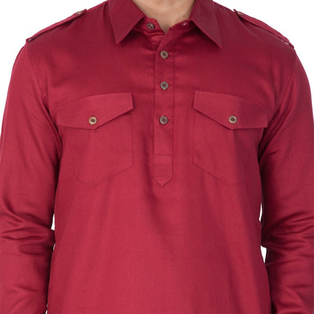 Men's Cotton Solid Pathani Suit Set in Maroon