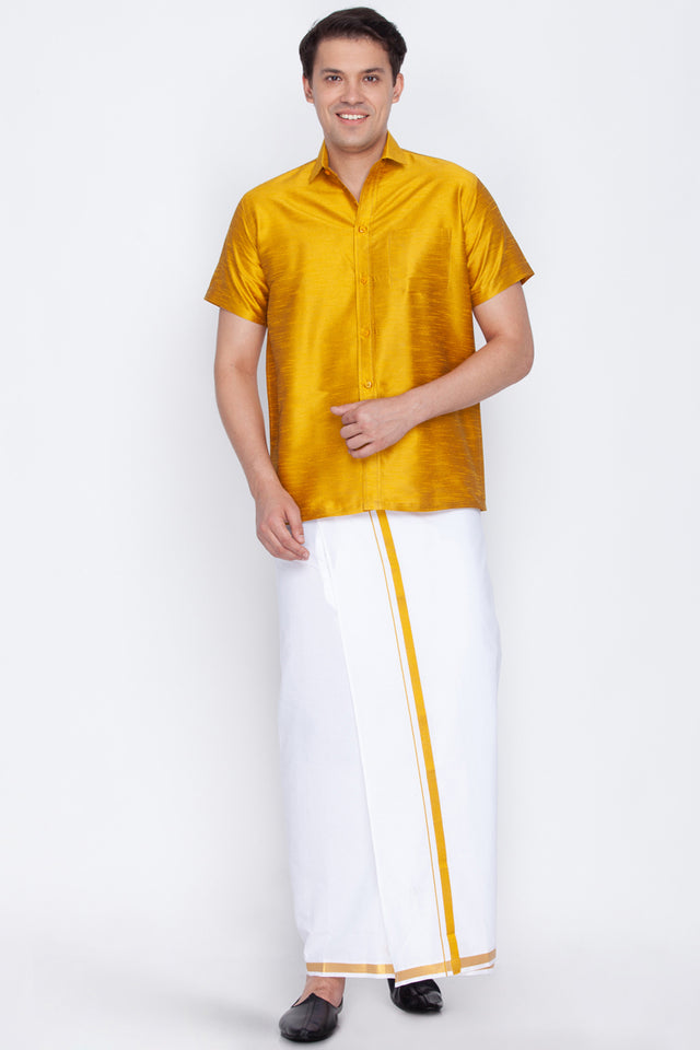 Men's Cotton Art Silk Ethnic Shirt In Yellow