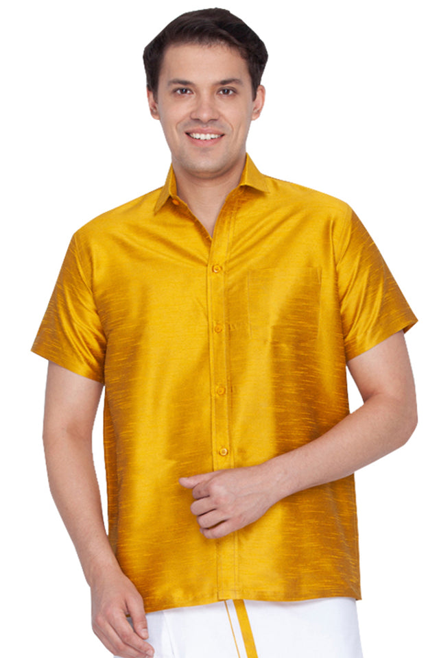 Men's Cotton Art Silk Ethnic Shirt In Yellow