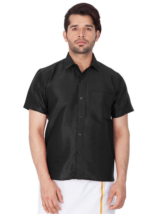 Men's Cotton Art Silk Solid Ethnic Shirt In Black