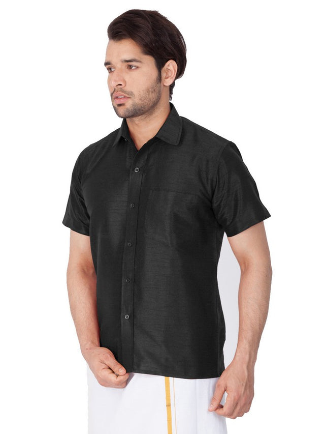 Men's Cotton Art Silk Solid Ethnic Shirt In Black