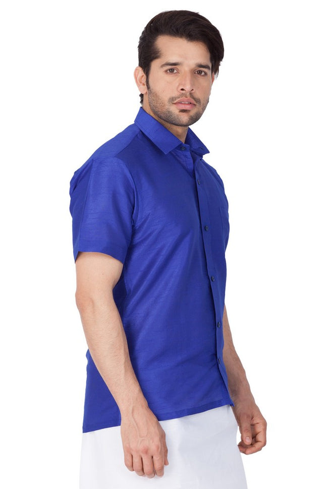 Men's Cotton Art Silk Solid Ethnic Shirt In Blue