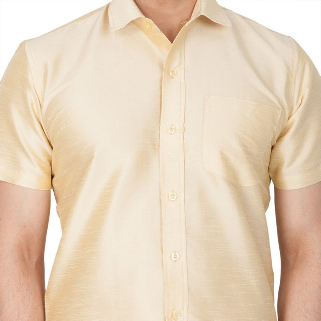 Men's Cotton Art Silk Solid Ethnic Shirt In Gold