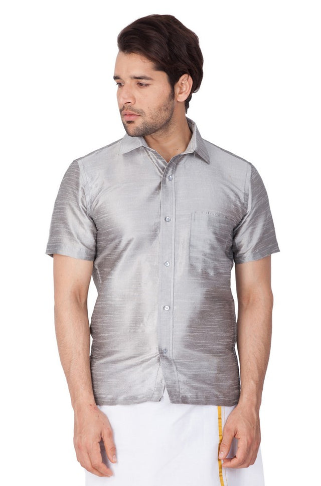 Men's Cotton Art Silk Solid Ethnic Shirt In Grey
