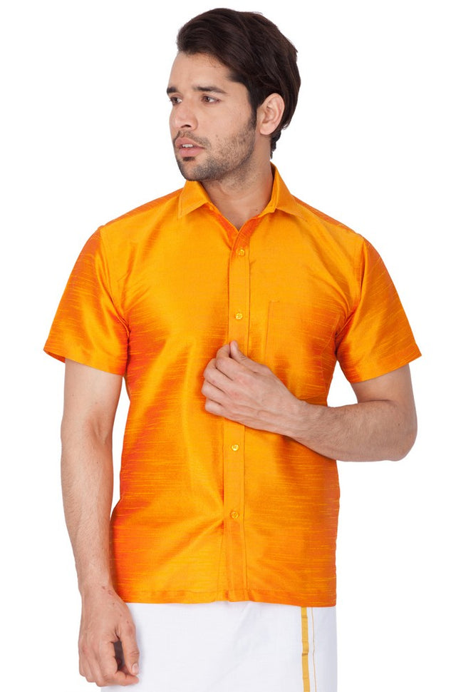 Men's Cotton Art Silk Solid Ethnic Shirt In Orange