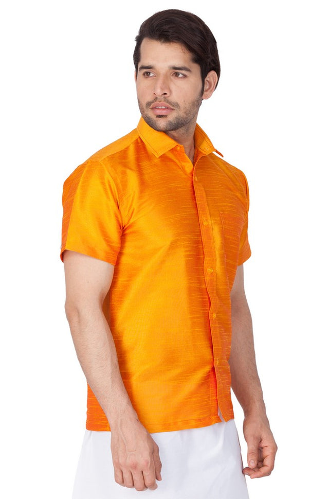 Men's Cotton Art Silk Solid Ethnic Shirt In Orange