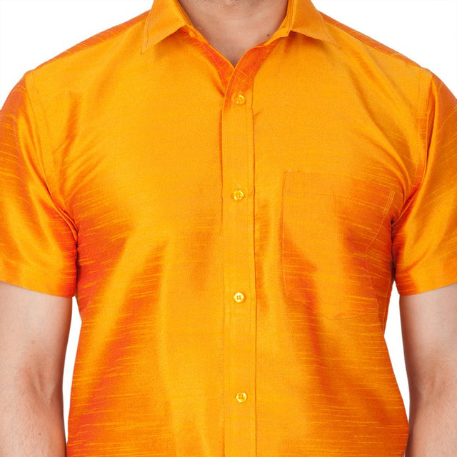 Men's Cotton Art Silk Solid Ethnic Shirt In Orange