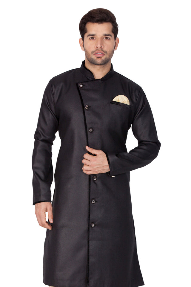 Men's Cotton Art Silk Sherwani Only Top In Black