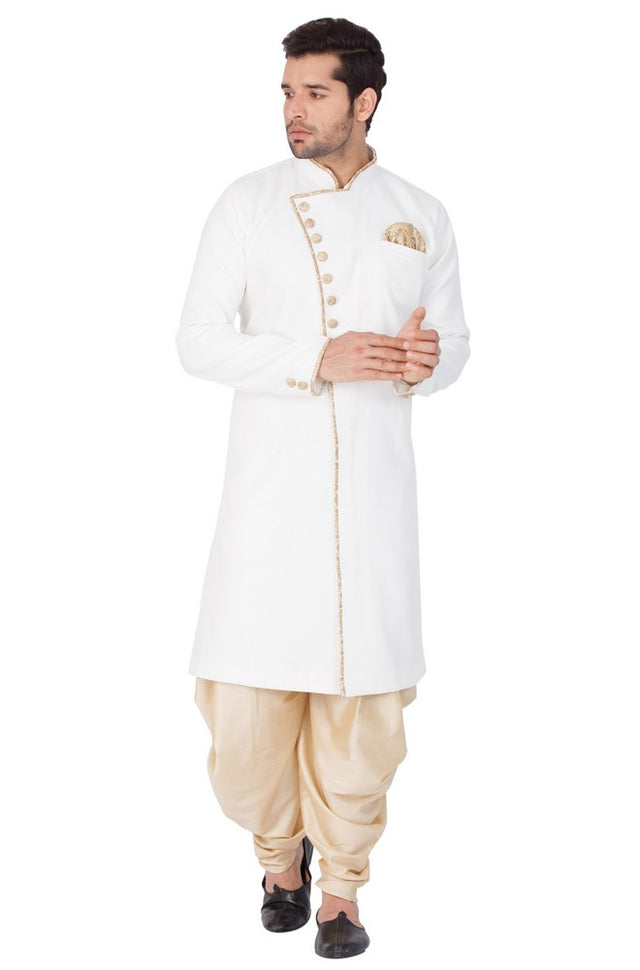 Men's Cotton Blend Solid Sherwani Style Kurta Set In White