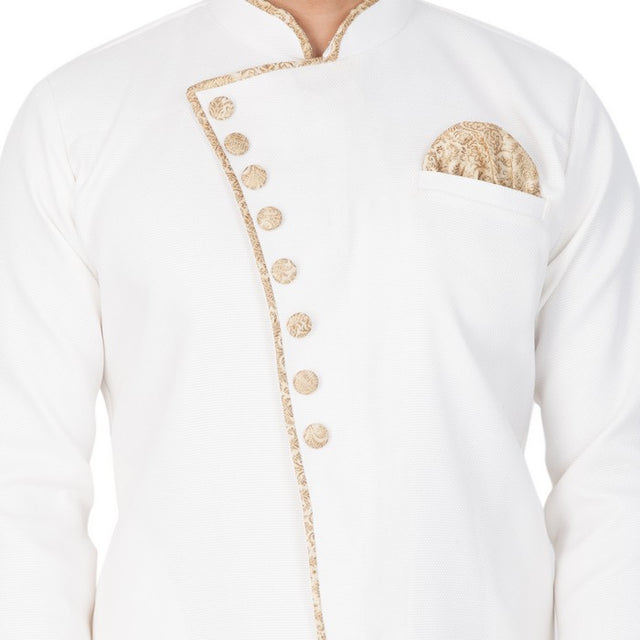 Men's Cotton Blend Solid Sherwani Style Kurta Set In White