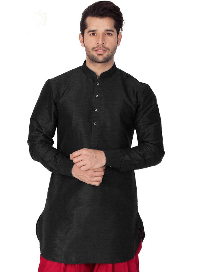 Men's Cotton Art Silk Solid Kurta In Black