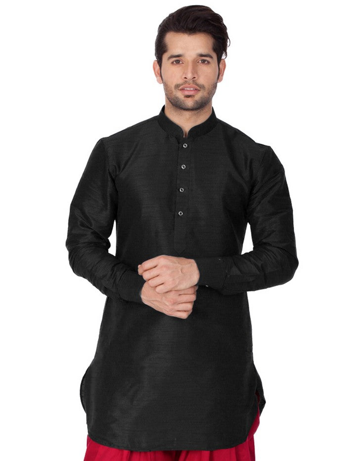 Men's Cotton Art Silk Solid Kurta In Black