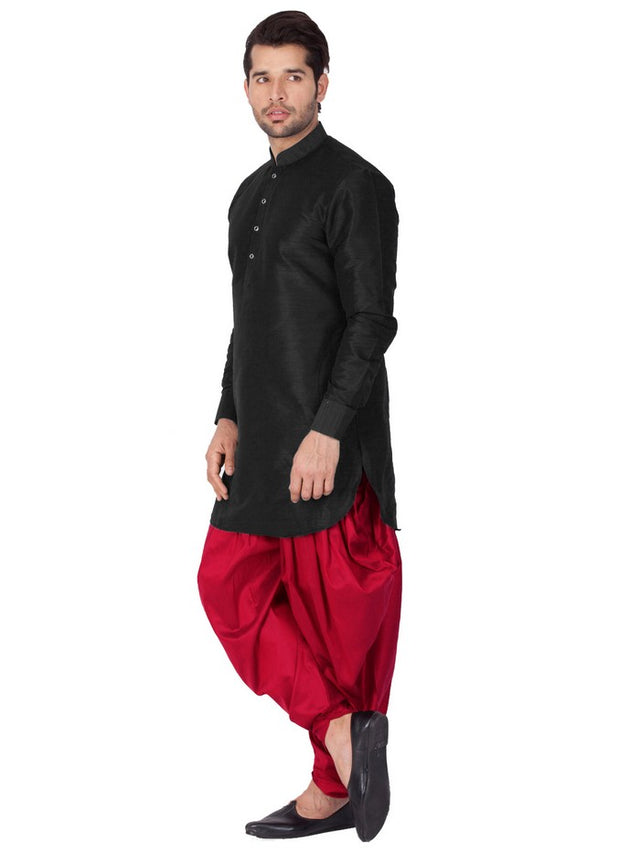 Men's Cotton Art Silk Solid Kurta And Cowl Dhoti Pant Set In Black