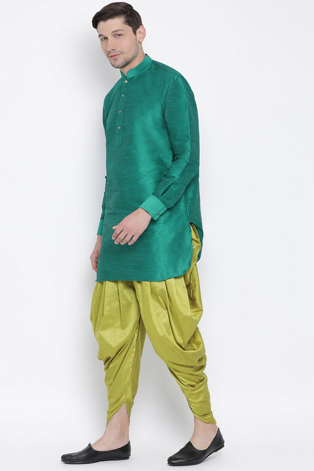 Men's Cotton Silk Dhoti Kurta Set In Green
