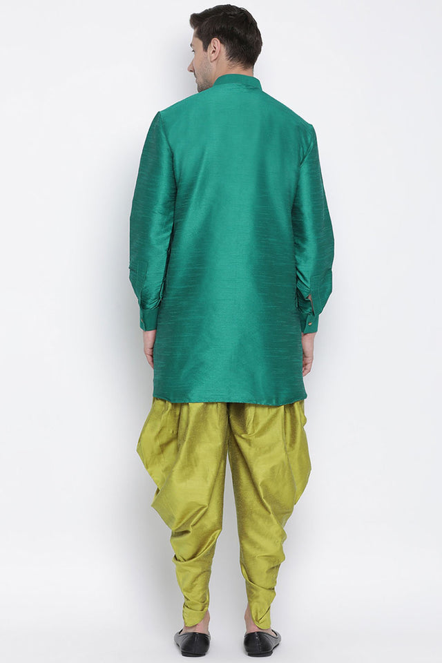 Men's Cotton Silk Dhoti Kurta Set In Green