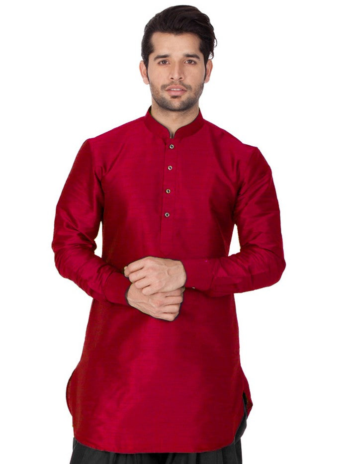 Men's Cotton Art Silk Solid Kurta In Maroon