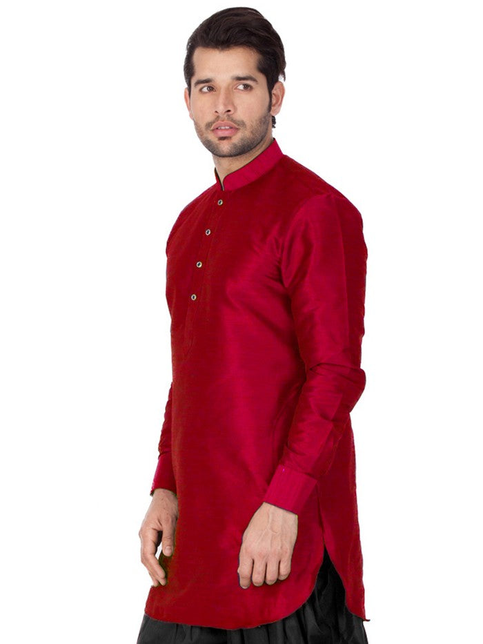 Men's Cotton Art Silk Solid Kurta In Maroon