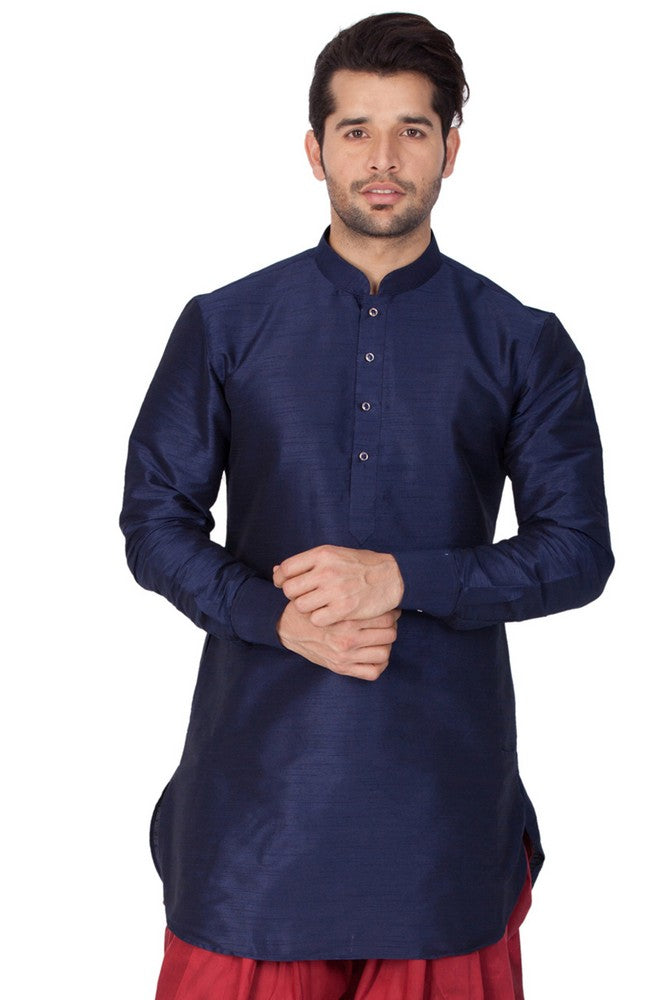 Men's Cotton Art Silk Solid Kurta In Blue