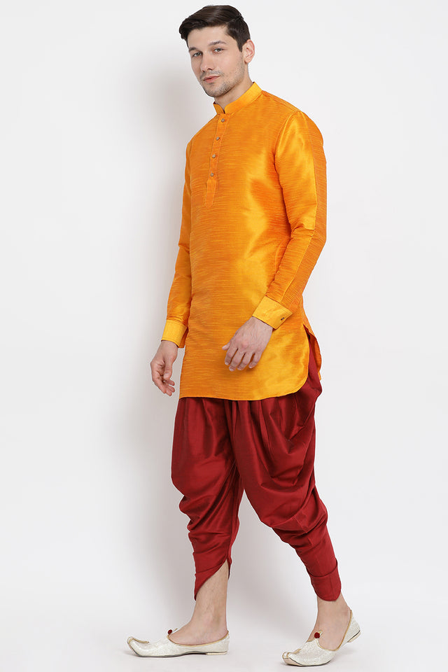 Men's Cotton Art Silk Kurta Set In Orange